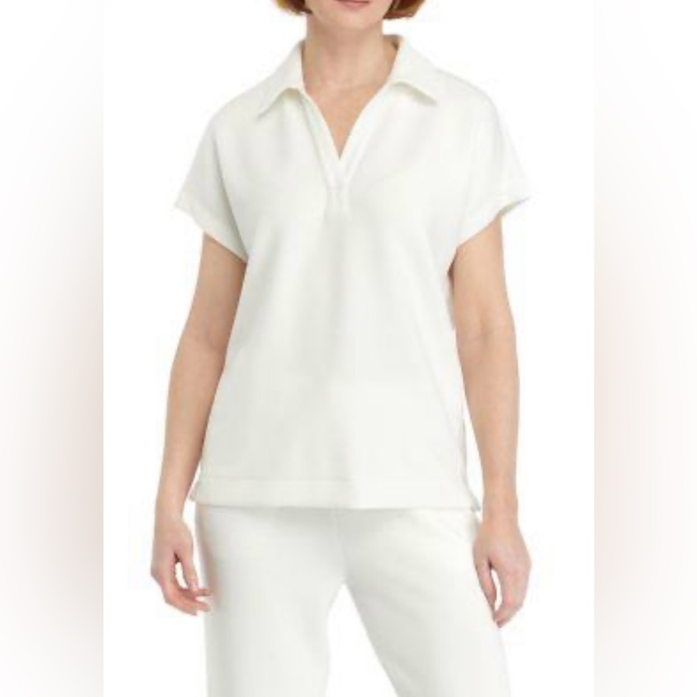 Magaschoni White Short Sleeve Poplin Top, Size L